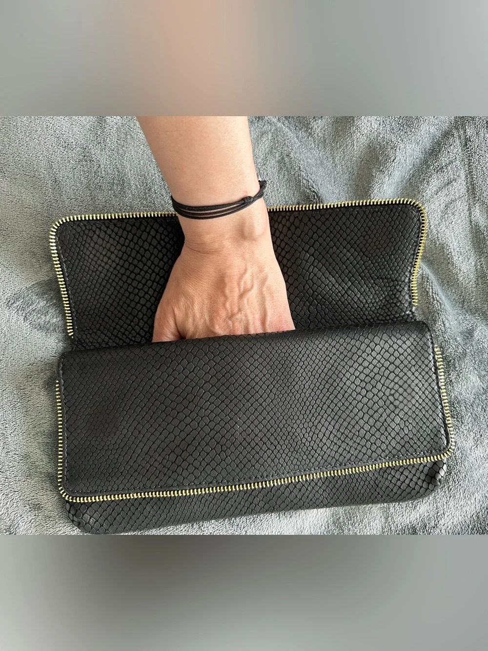 Lauren Merkin Black Snake Embossed Leather Foldover Clutch Gold Zip